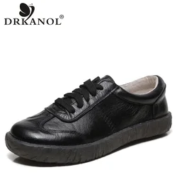 DRKANOL 2024 New Spring Women Flat Shoes Lace Up Round Toe Genuine Leather Flats Women Casual Shoes Soft Bottom Ladies Shoes