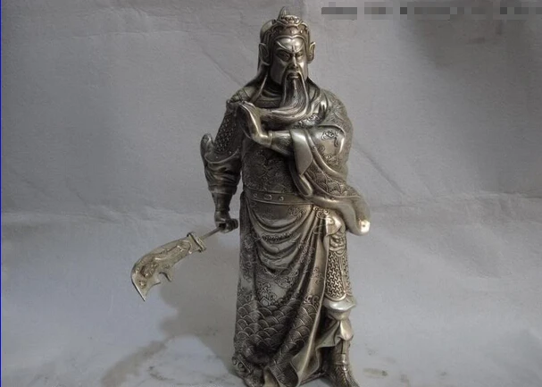 song voge gem S0774 14 China White Copper Silver Dragon Guan Gong GuanGong Hold Sword warrior Statue