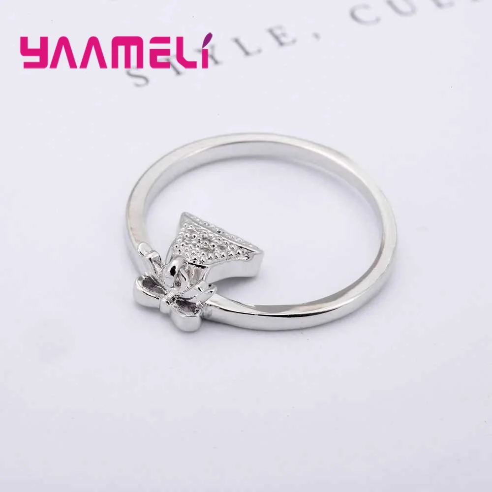 Sweet Women Party Rings 925 Sterling Silver with AAA Cubic Zircon Crystal Paved Bowknot and Bell Charms Finger Accessory