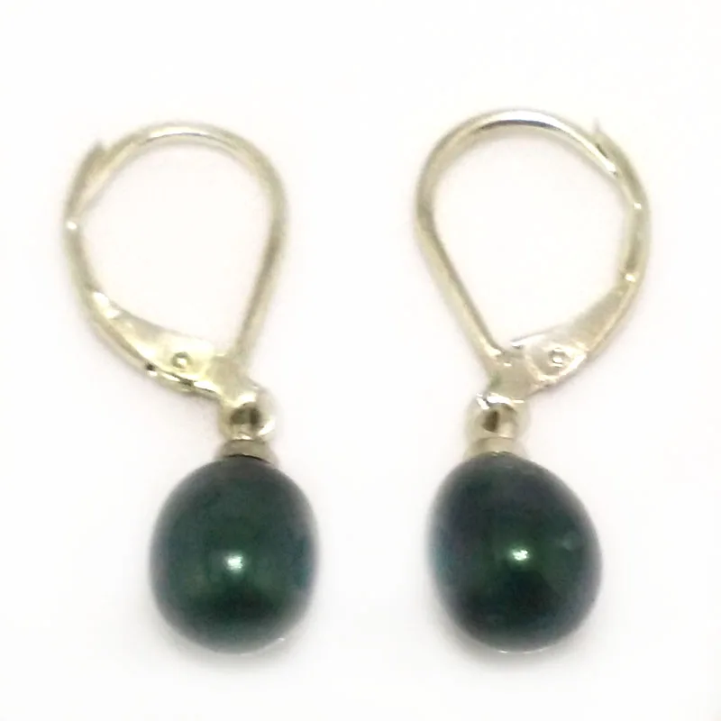 Wholesale 7-8mm Dark Green Natural Rainrdrop Pearl Silver Leverback Earring