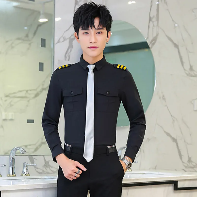 Uniforme piloto branco para homens fino único breasted manga longa camisa piloto da força aérea 2024 outono casual trabalho de escritório cosplay topos