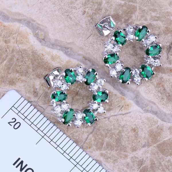 Adorable Green Cubic Zirconia Silver Plated Jewelry Sets Earrings Pendant Ring Size 6 / 7 / 8 / 9 / 10 S0141