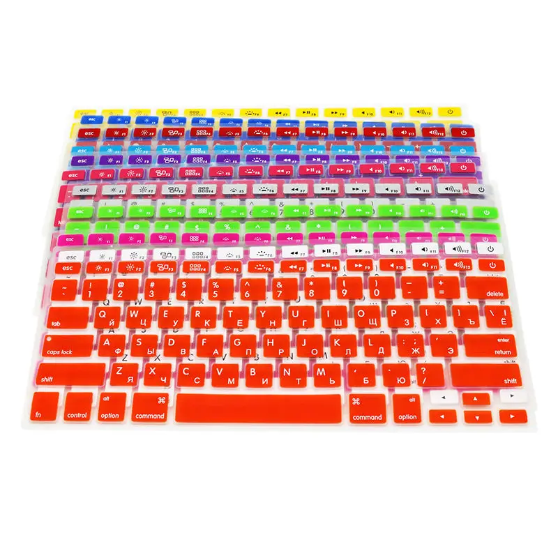 SR Silicone Teclado Capa Adesivo, Carta Língua Russa EUA, Retina Filme Protetor, 14 Cores, Fit para Macbook Air 13 Pro, 13, 15, 17