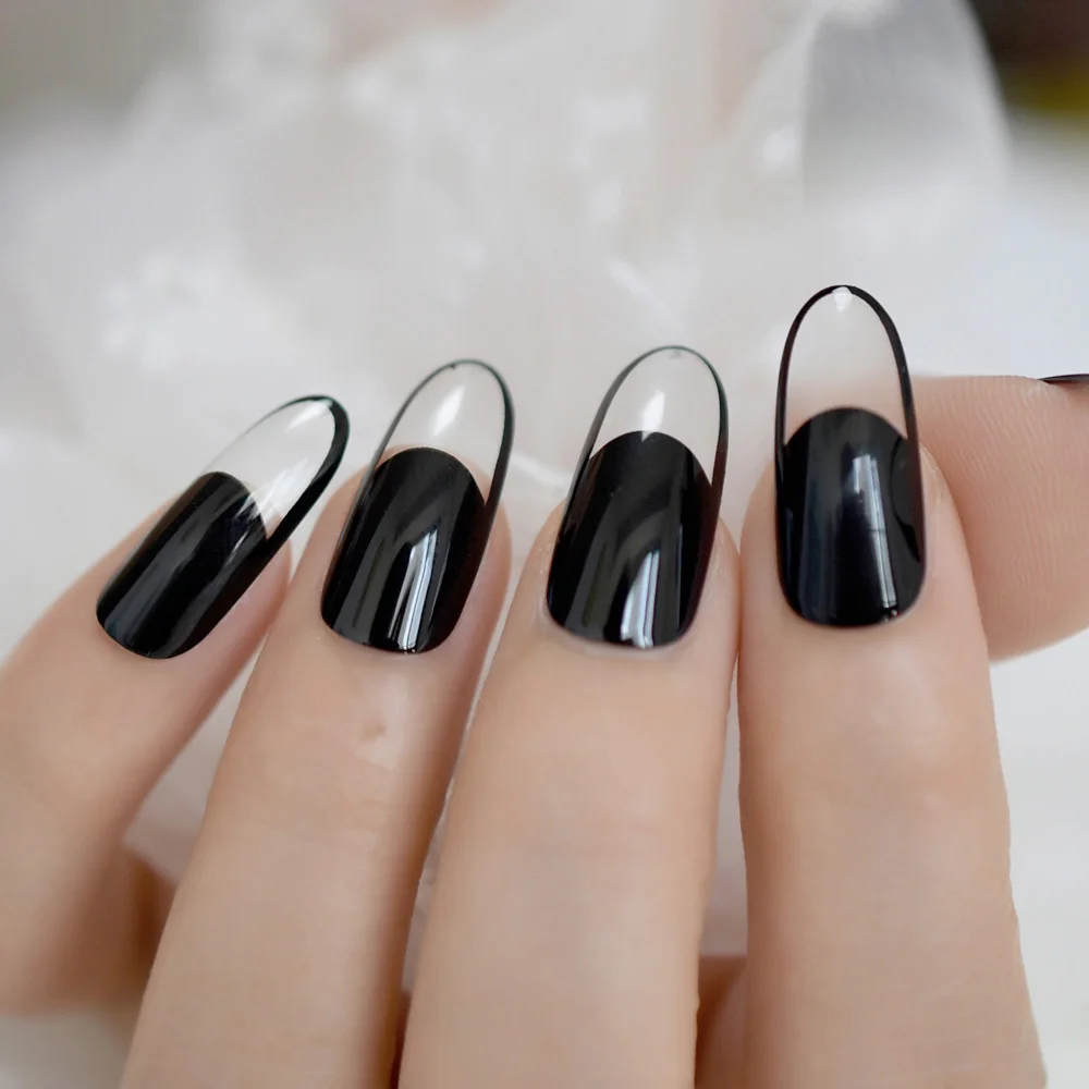 Black Clear French Tips Long Oval Round False Nail Acrylic Extensions Press on Nail Tips Faux Ongles Full Cover UV Fake Nails