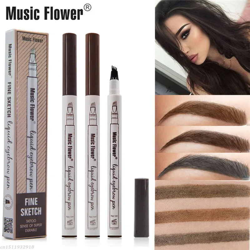 Musik-Blumen-Marken-Make-up, 4 Farben, feine Skizze, flüssiger Augenbrauenstift, wasserdicht, Tattoo, super langlebig, Augenbrauenstift, wischfest