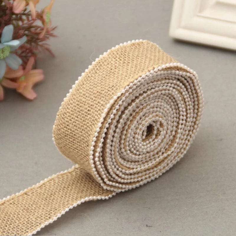 1m Natural Jute Burlap Hessian Ribbon with Pearl Rustic Wedding Decor Vintage Wedding Decoration