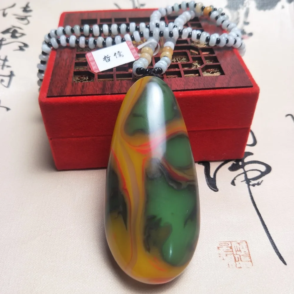 Zheru Jewelry Pure Natural Colorful Jade Carving Big Drop Pendant Tricolor Jade Bead Necklace Send Certificate Can Do Hand Play