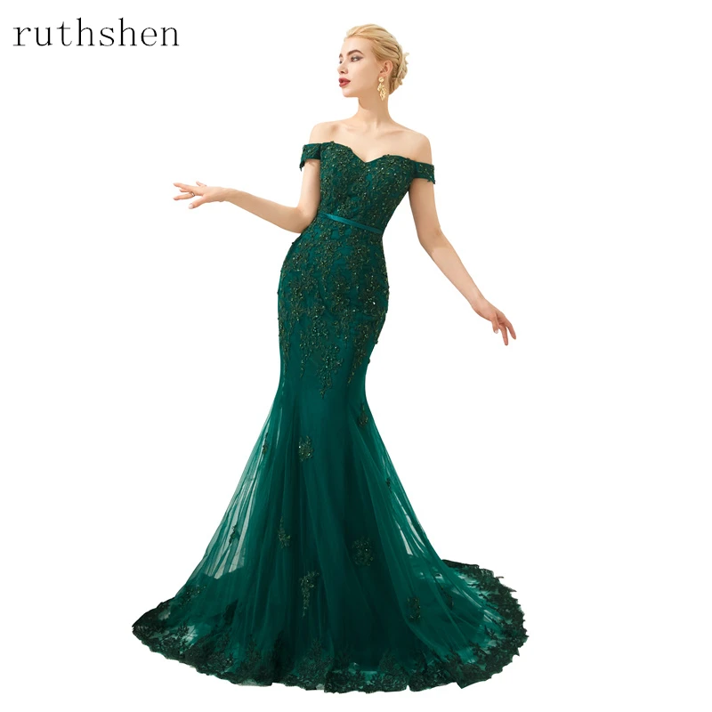 Vestido De noche De sirena verde oscuro, vestido De encaje con apliques De cuentas, con hombros descubiertos, 2022