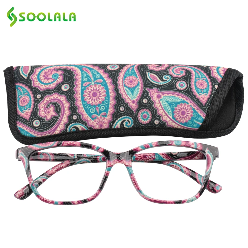 

SOOLALA Womens Pocket Printed Reading Glasses with Matching Pouch Cheap Spring Hinge Presbyopic Reading Glasses +1.0 to 4.0