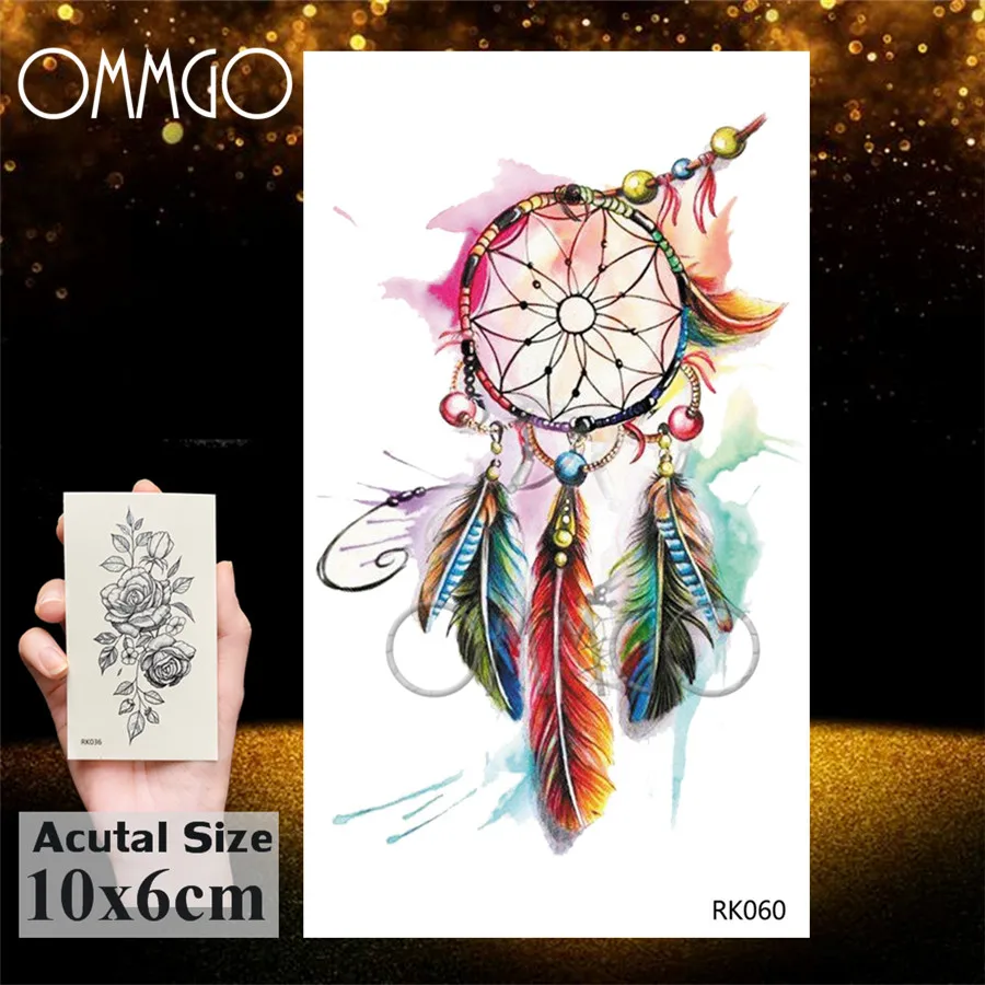 OMMGO Tribal Dream Catcher Feather Temporary Tattoos Sticker Colorful Henna Custom Tattoo Body Art Arm Waterproof Fake Tatoos