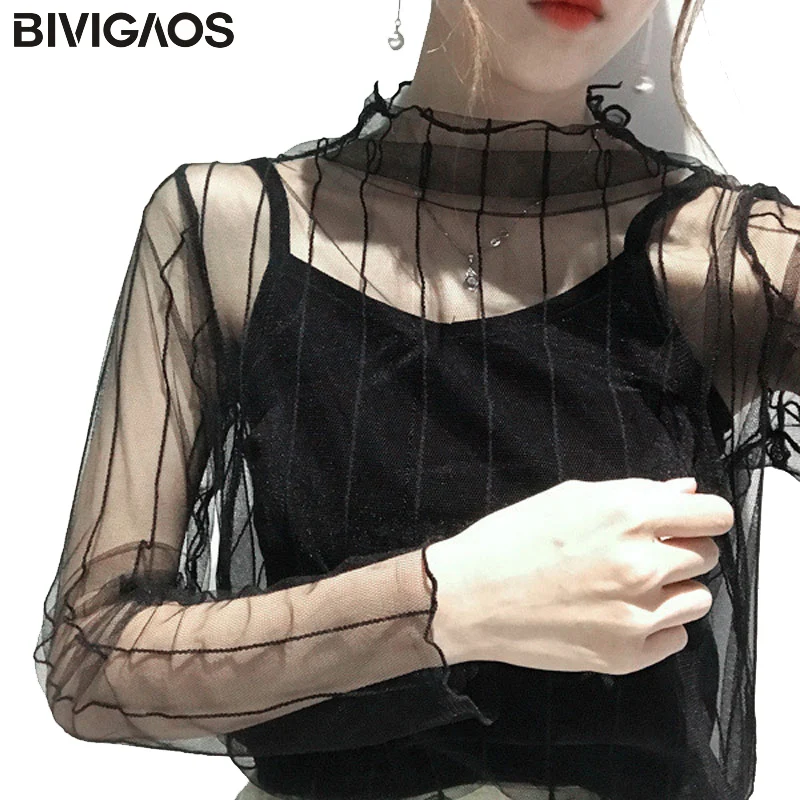 BIVIGAOS Spring Summer Korean Yarn Perspective Backing Shirt Women Mesh Black Lace Sexy T Shirt Long Sleeves Tshirt Women Tops