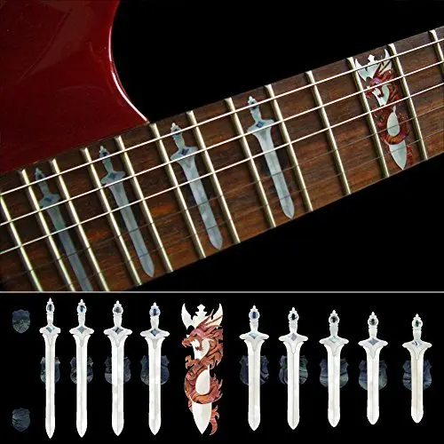 Fretboard Markers Inlay Sticker Decals for Guitar and Bass - Sword with Dragon (White Pearl)