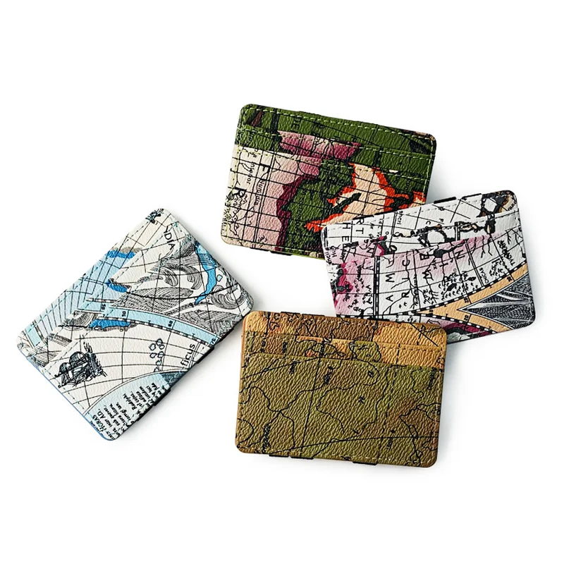 New Arrival Mini Men's Leather Magic Wallet Women Small Purse For Man Slim Credit Card Holder Map Patten Money Cash Clip