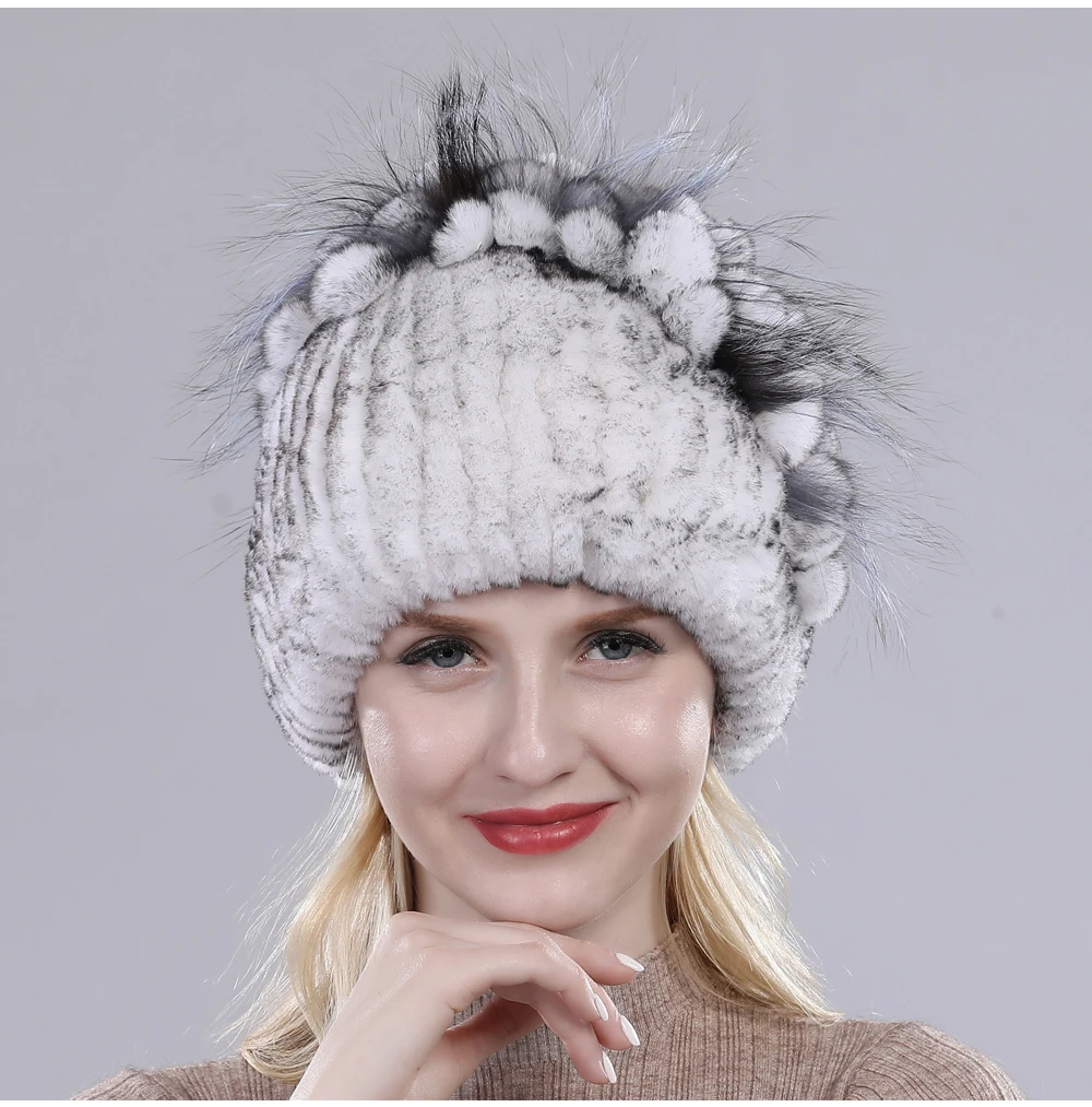 Neue Russische Damen Echt Rex-Kaninchenfell Mützen Luxuriöse Gestrickte Blumen Echte Rex-Kaninchenfell Kappe Winter Echt-Fell Beanie Mütze – Detail 5