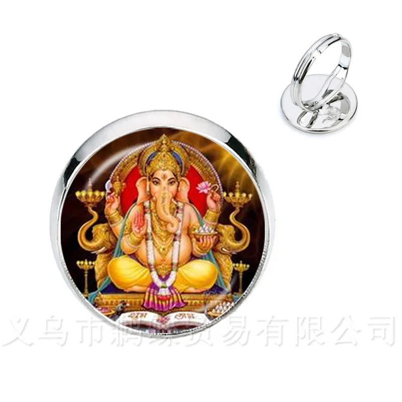 Glass Time Gem Rings 16mm Ganesha Buddha Elephant Silver/Golden Plated Adjustable Ring Handmand Silver/Golden Plated Classic