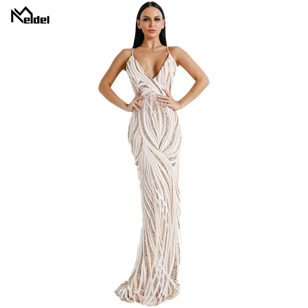 

Fashion Perfect Gold V Neck Evening Dress Sleeveless Shining Formal Elegant Dresses for Prom Zipper Self-Floor Length