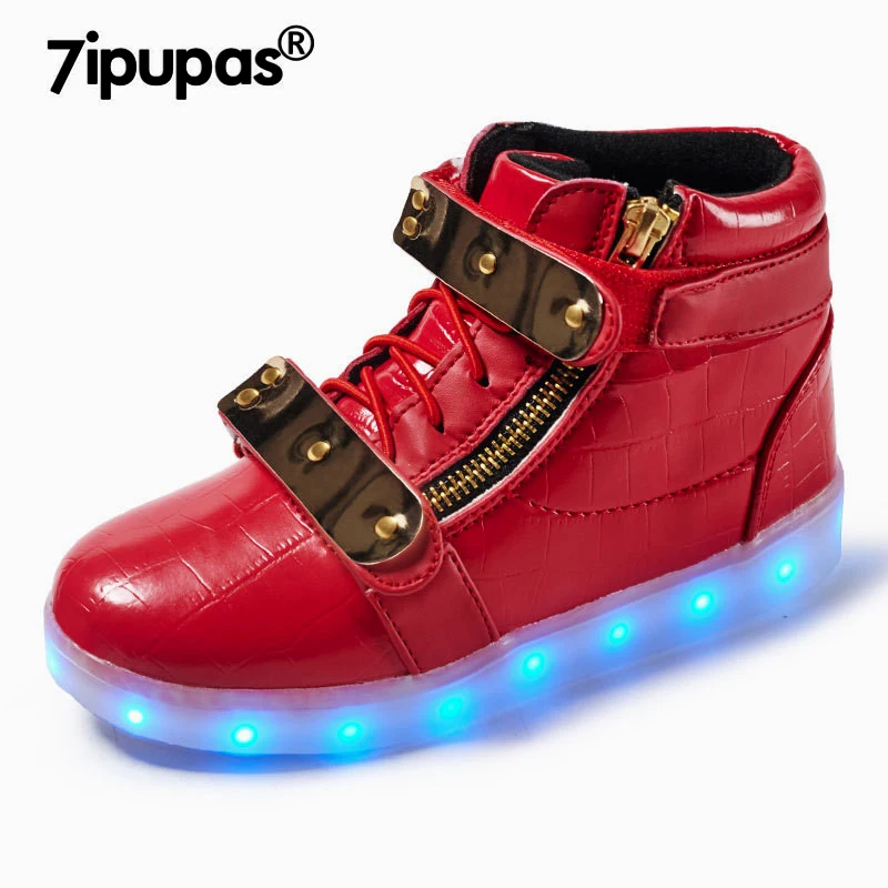 

7ipupas high top Red shoes led light children sneakers boys hardware Metal Hook&Loop shoes kids 11 colors glowing shoe for girls