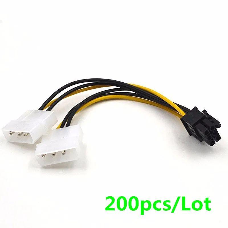 200pcs 6 inch 2 x Molex 4 pin to 6-Pin PCI Express Video Card Pci-e ATX PSU Power Converter Cable - Molex to Pcie 6 pin Adapter