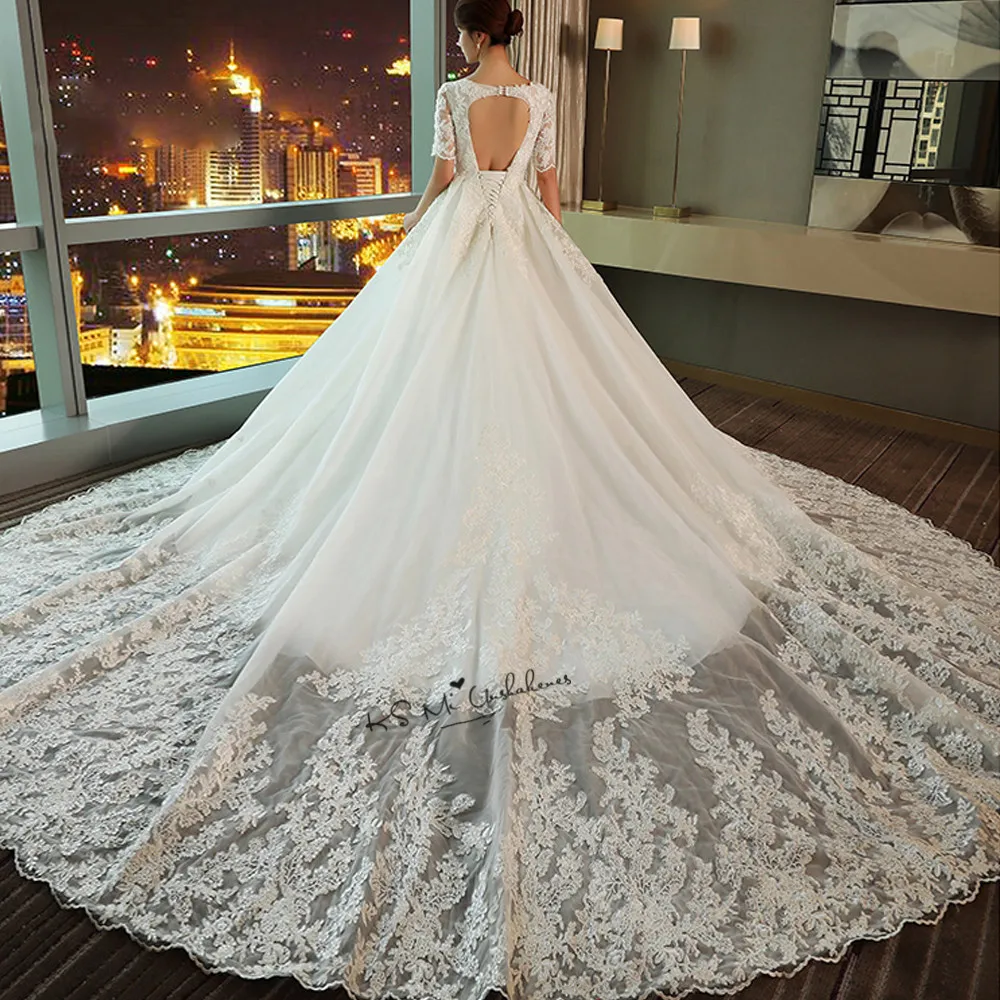 Vestido de Noiva Elegant Korean Ball Gown Wedding Dresses Court Train Open Back Bride Dress Lace 2018 Wedding Gowns Half Sleeve