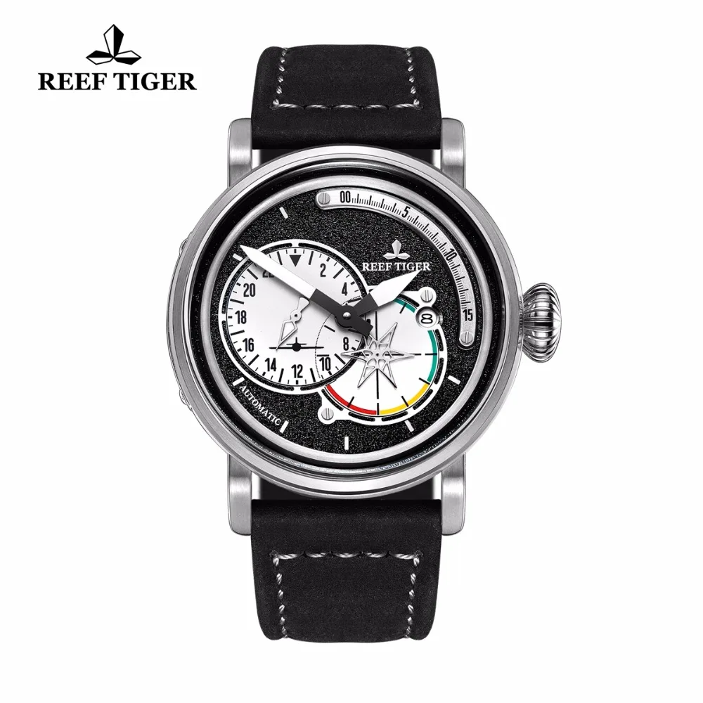 Reef Tiger/RT Steel Pilot Watches for Mens Luminous Automatic Military Watches Genuine Leather Strap RGA3019