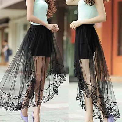 Women's Stretch Plain High Waist Skater  Lace Sexy summer Flared Pleated Skirt Maxi Black See-through