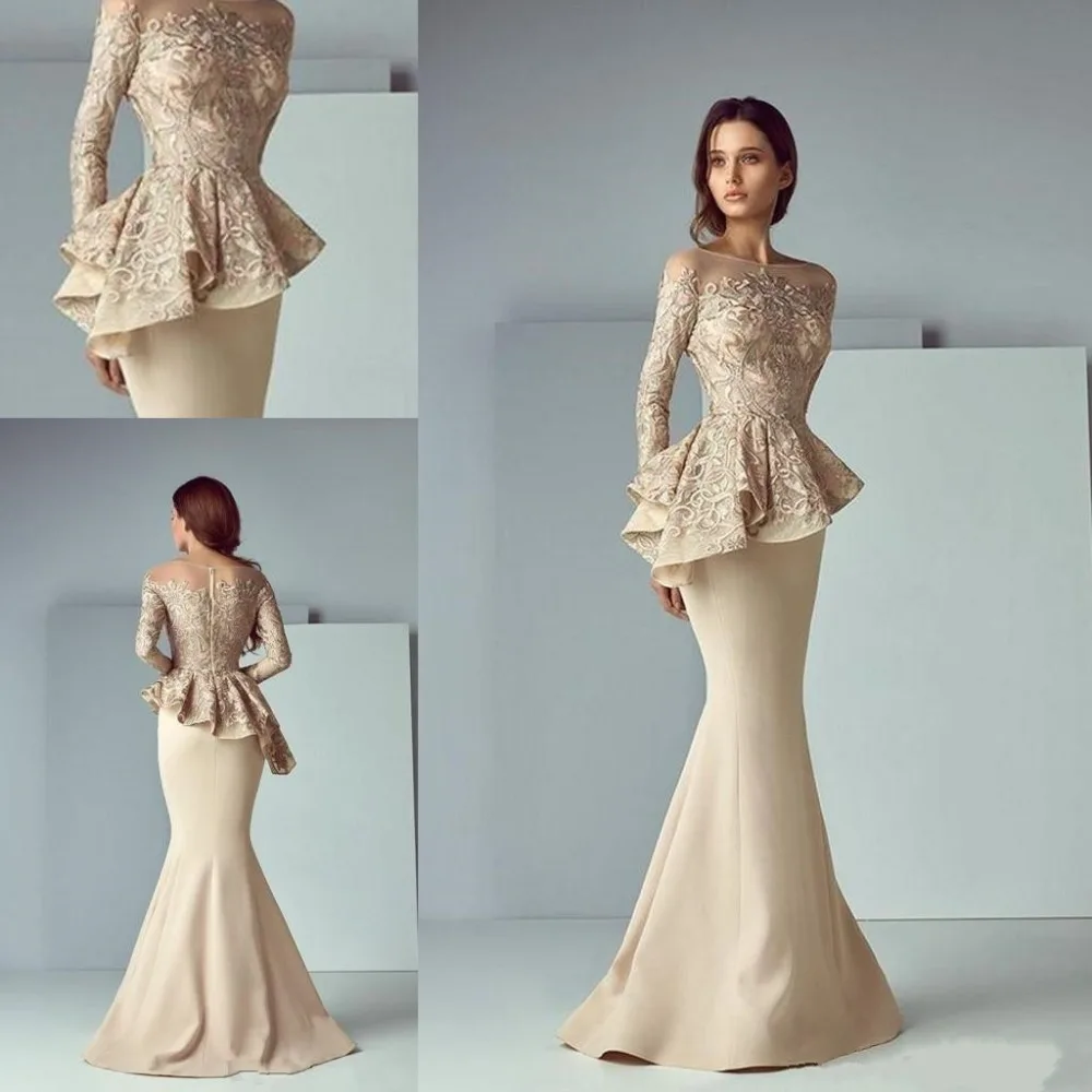 

Champagne Lace Stain Peplum Long Evening Formal Wear Dresses 2019 Sheer Neck Long Sleeve Dubai Arabic Mermaid Prom Dress