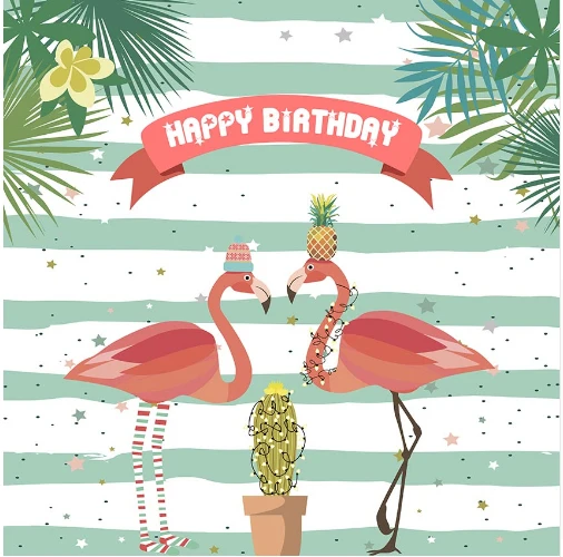 

8x8FT Aquamarine Stripes Happy Birthday Hawaii Summer Day Flamingo Custom Photo Studio Backgrounds Backdrops Vinyl 240cm x 240cm