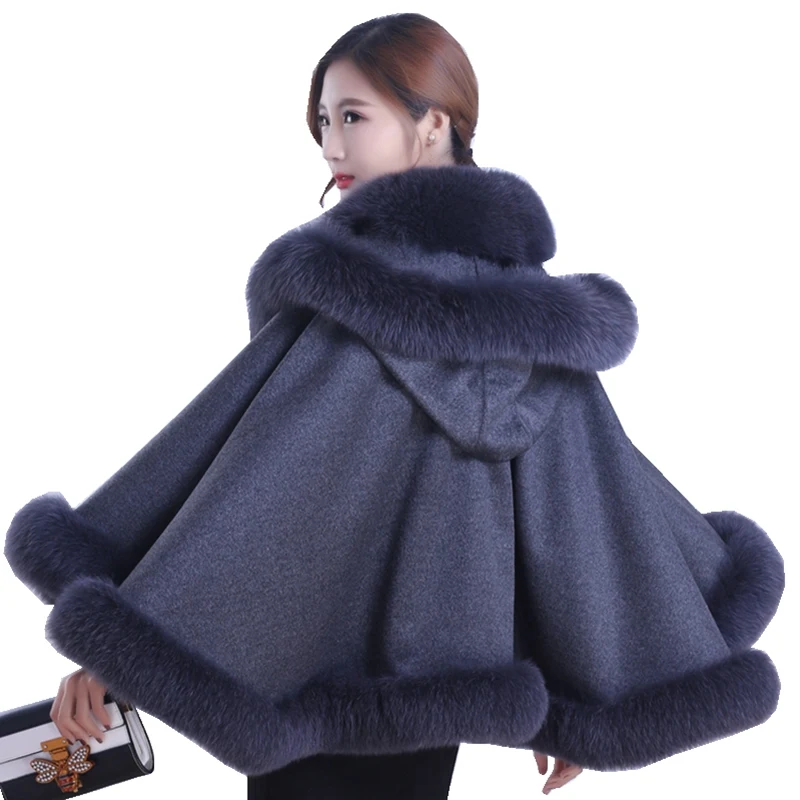 Luxury Wedding Genuine Cashmere Shawls Fox Fur Trimming with Hoody Autumn Winter Women Stole  Pashmina Wraps LF5001