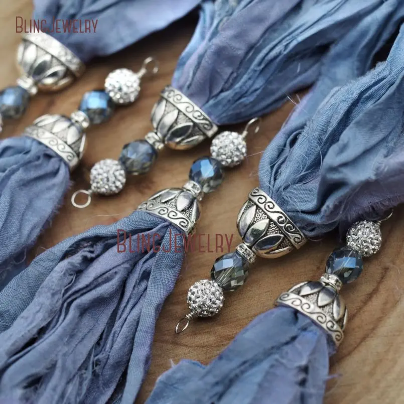 Cerulean Sari Silk Tassel Pendant  with Antique Cap and Aura Blue Crystal  Rhinestone Accent PM9045