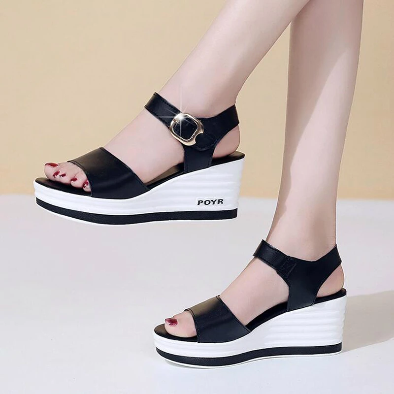 2022 Summer New Shoes Woman Leather High Heel Wedge Female Sandals Sponge Cake with Open Toe Thick Female Shoes sneakers W309