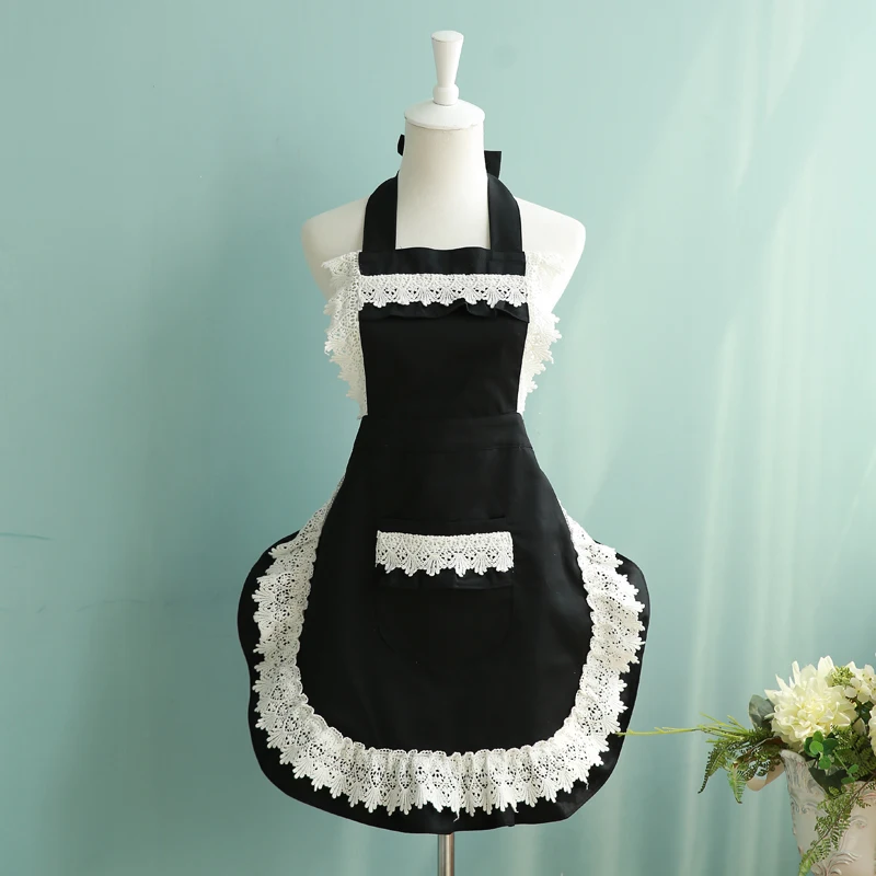 

French Style Maid Apron Black/white Lace Apron Fashion Women Kitchen Cooking Cafe Waiter Aprons Princess Bib With Pocket