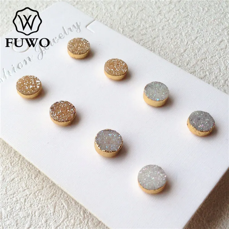 FUWO Natural Druzy Stud Earrings,Gold Color Plated Minimalist Design Aura Crystal Cluster Earrings Jewelry For Women ER035 5Pair