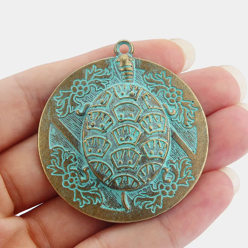 3Pcs Verdigris Patina Large Round Carved Tortoise Turtle Charms Pendant Medallion For DIY Necklace Jewelry Making Supplies