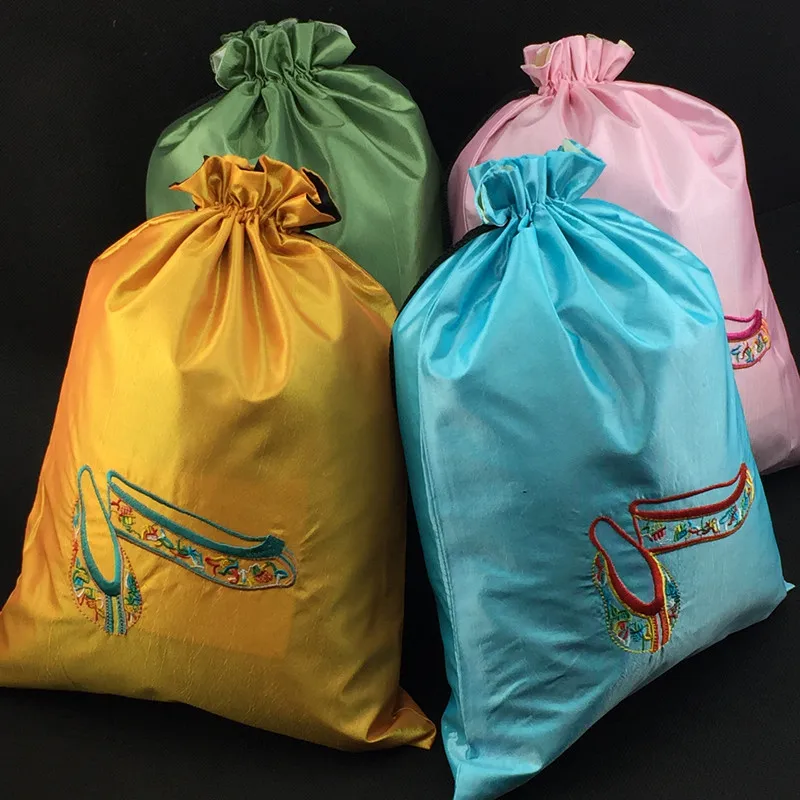 10pcs Embroidery Dance Shoe Extra Large Gift Bags Drawstring Satin Fabric Storage Pouches Dust Cover Packaging  with lined