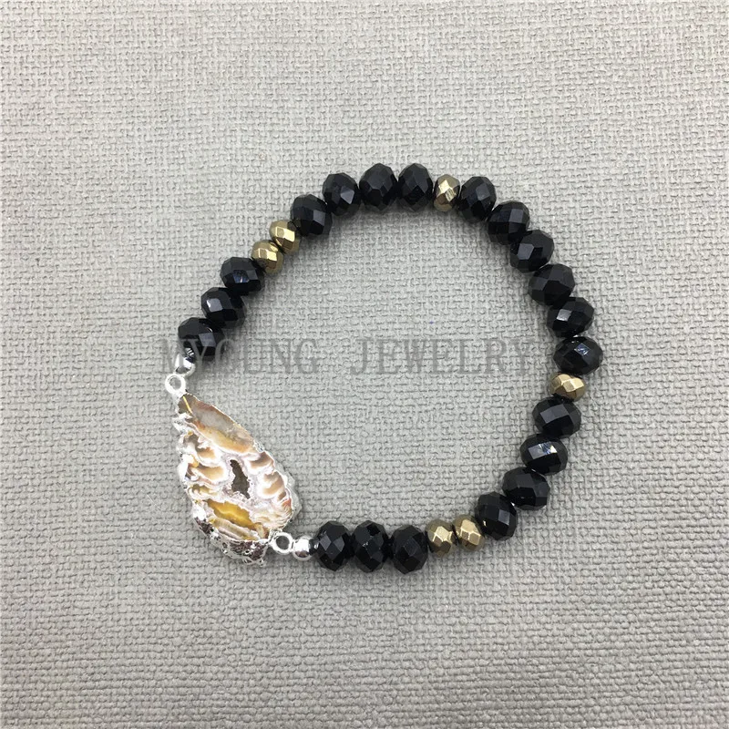 

MY0532 Agates Druzy Geode Bracelets with Black Crystal Faceted Beads