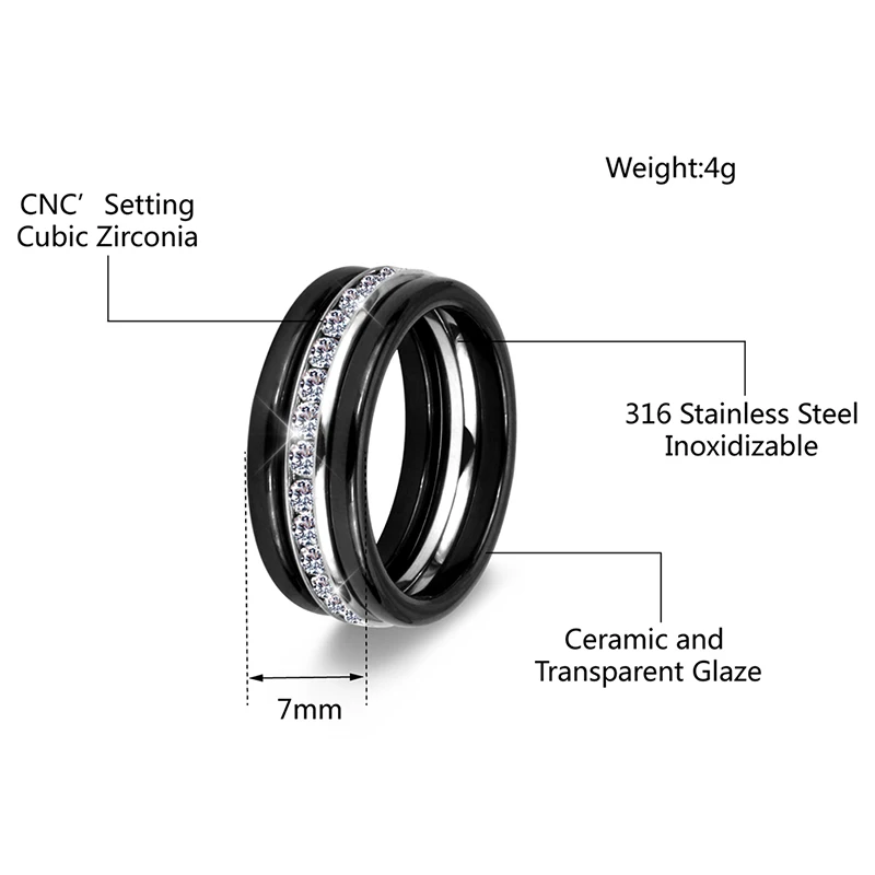 3PCS/Set Modern Colorful Rings Set Innocuous Health Ceramic Rings With White Stone Crystal For Women Stainless Steel Hot Ring