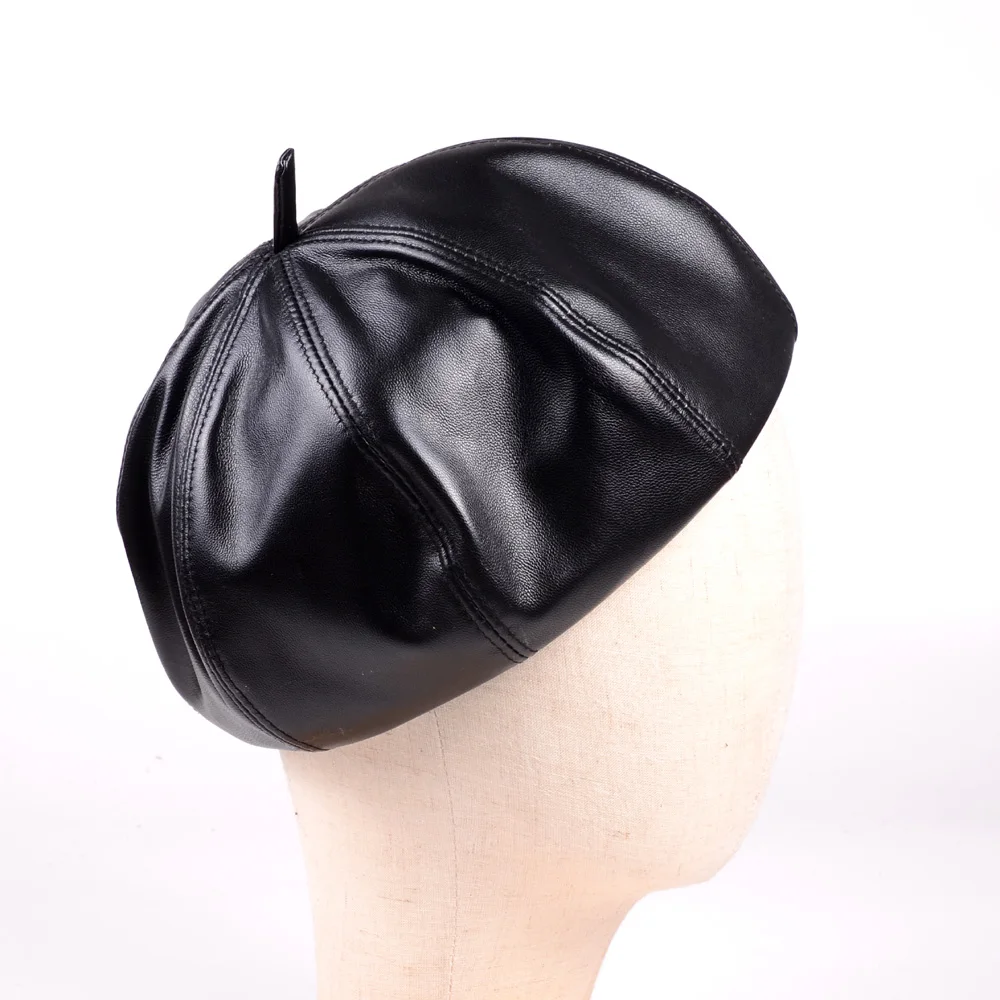 Women's genuine Leather Lambskin Beanie Beret Round Octagonal cap Newsboy hat/cap