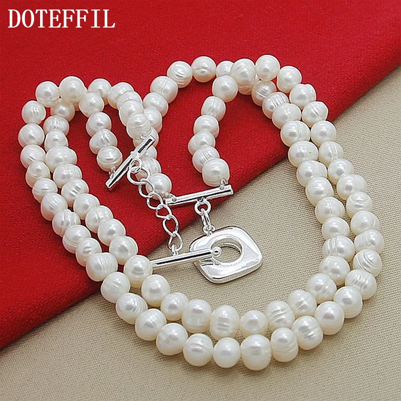 DOTEFFIL-Colar Duplo Branco Natural de Pérolas para Mulheres, Prata Esterlina 925, Moda Noivado de Casamento, Jóias Charm, 8mm