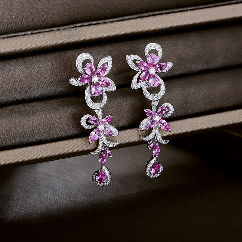 CAIMAO Gorgeous Natural Pink Sapphire Dangle Earrings 18kt Gold Brilliant Cut Diamond Engagement Earring Leverback