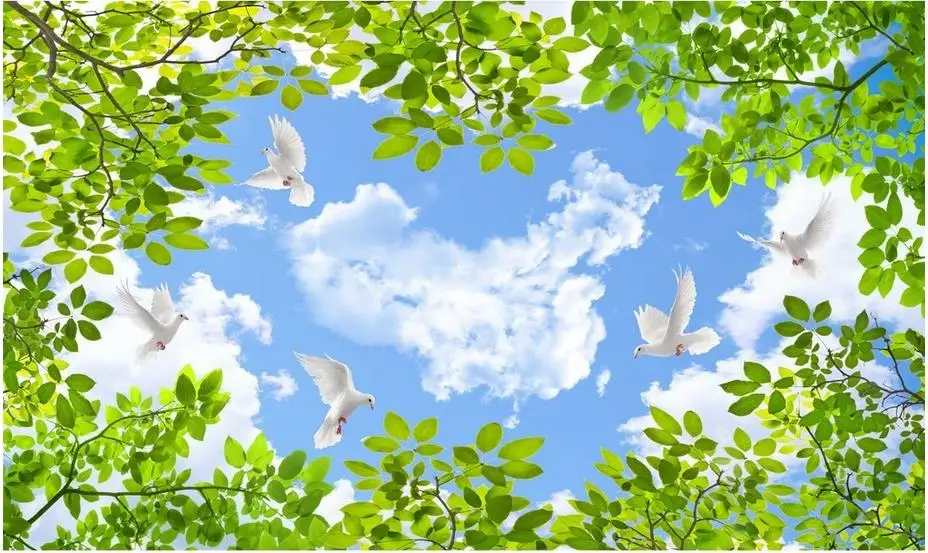 Landscape wallpaper murals ceilings Blue sky and white clouds green leaves sky custom 3d wallpaper murals ceiling