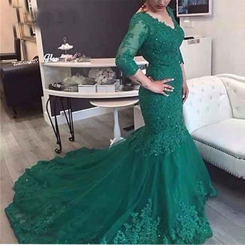 Dark Green 3/4 Long Sleeves Lace Appliques Evening Dress Trumpet Saudi Arabia Muslim Tulle Formal Prom Gown Robe De Soiree 2019