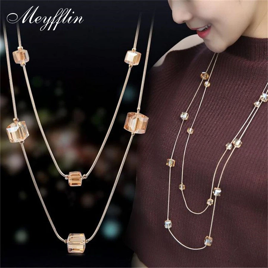 Collares Mujer moda kreatywne naszyjniki kryształ w złotym kolorze warstwowy naszyjnik kobiety długi Collier Femme Maxi biżuteria