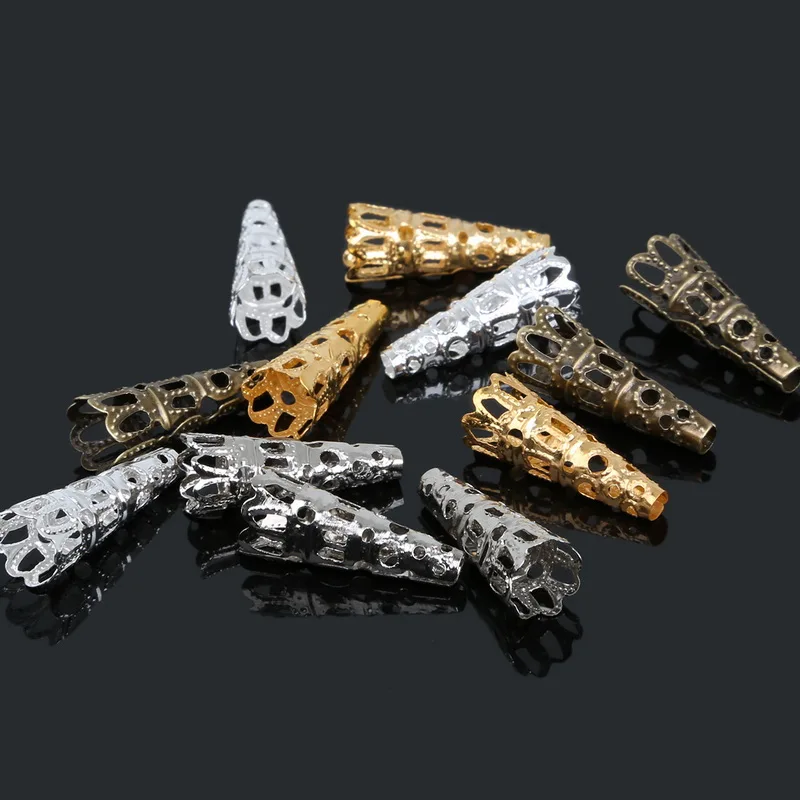 (100Pcs/lot )Pick 4 Colors Bugle Filigree Bead End Cap Cone 8x22MM Jewelry Findings ,Free Shipping
