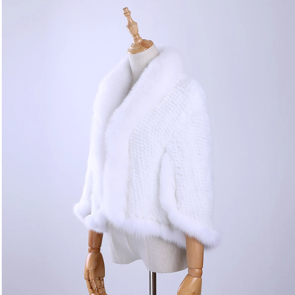 Free Shipping New Genuine Knitted Mink Fur Shawl Wrap Cape with Fox fur collar Triming women Lady mink fur coat Jacket Stole