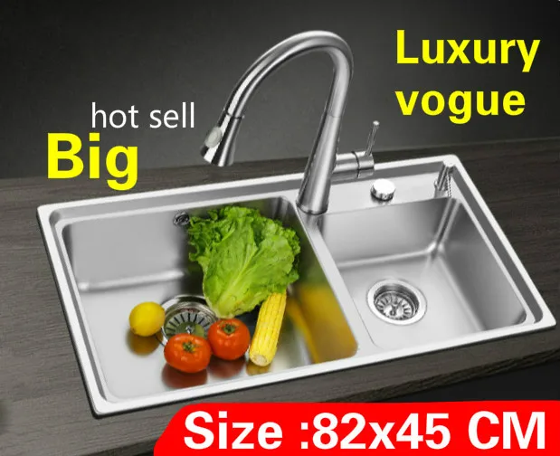 Free shipping Household luxury kitchen double groove sink vogue do the dishes 304 stainless steel hot sell large 820x450 MM