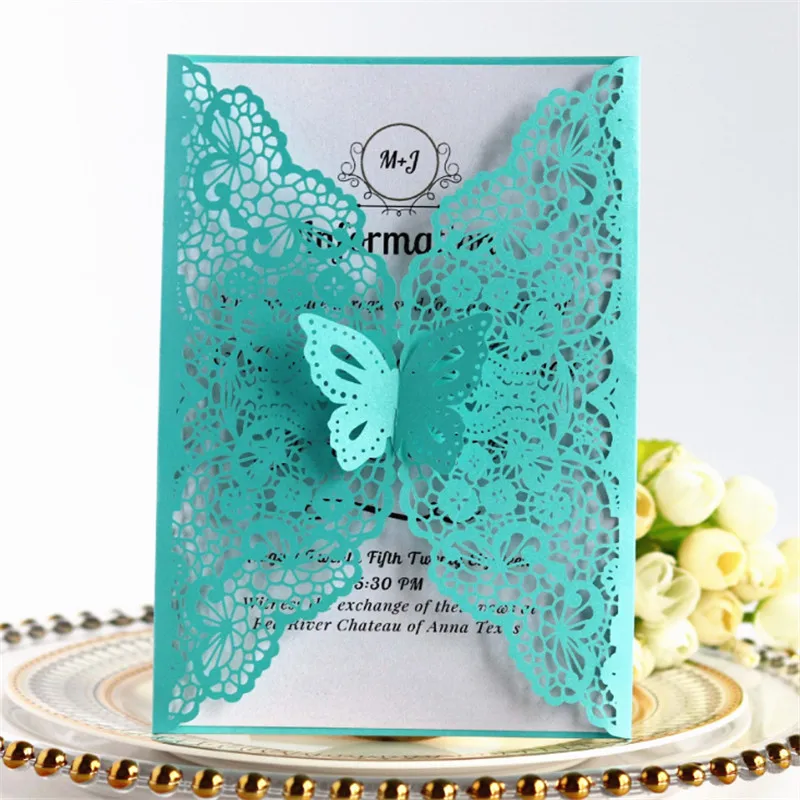 Butterfly spring wedding invitation rural laser cut party invites multi colors offer personalized printing 50pcs