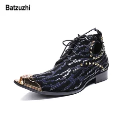 Batzuzhiイタリア手作りメンズ金属チップ黒ブルーレザーアンクルブーツマンレースアップリベットbota ş hombre、US12