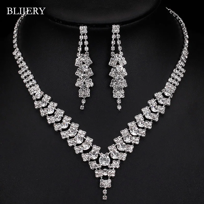 BLIJERY Silver Color V Shaped Bridal Wedding Jewelry Sets Crystal Choker Necklace Earrings Engagement Jewelry Sets for Women