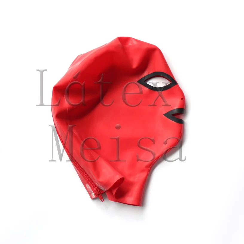 

Adult's Head latex masks red rubber hoods open eyes nostrils and mouth with back zip