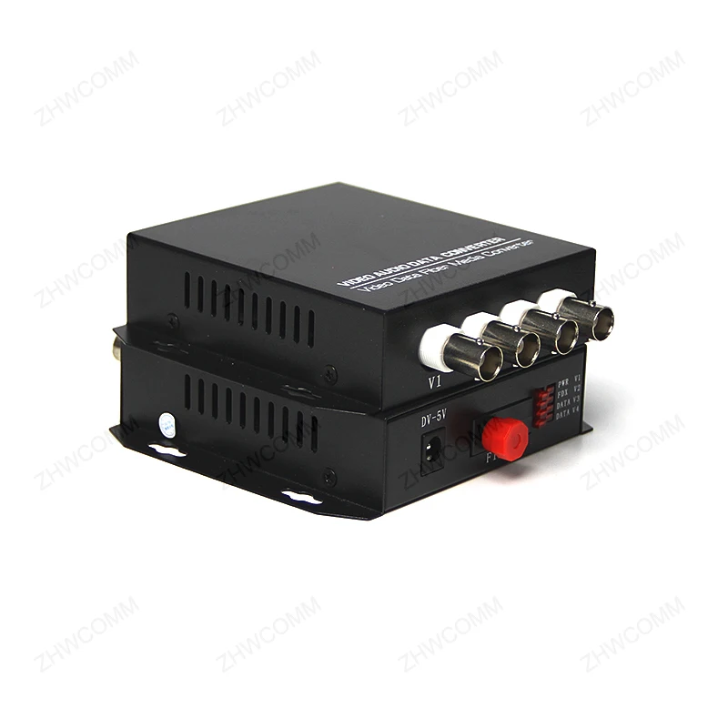 ZHWCOMM 1Pair 4V Fiber Optic Video Optical Transmitter Single mode fiber 4Channel digital fiber video audio data converter